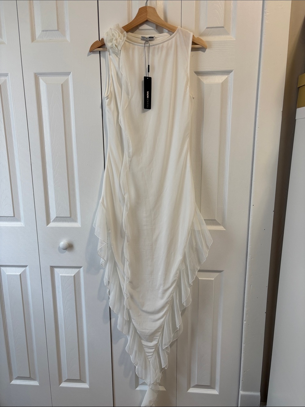 Fashion Nova White Ruffle Asymmetric Dress